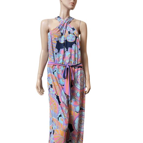 Trina Turk Halter Jumpsuit Milticolor Print Sleevless Size M Wide Leg Belted - Picture 7 of 13